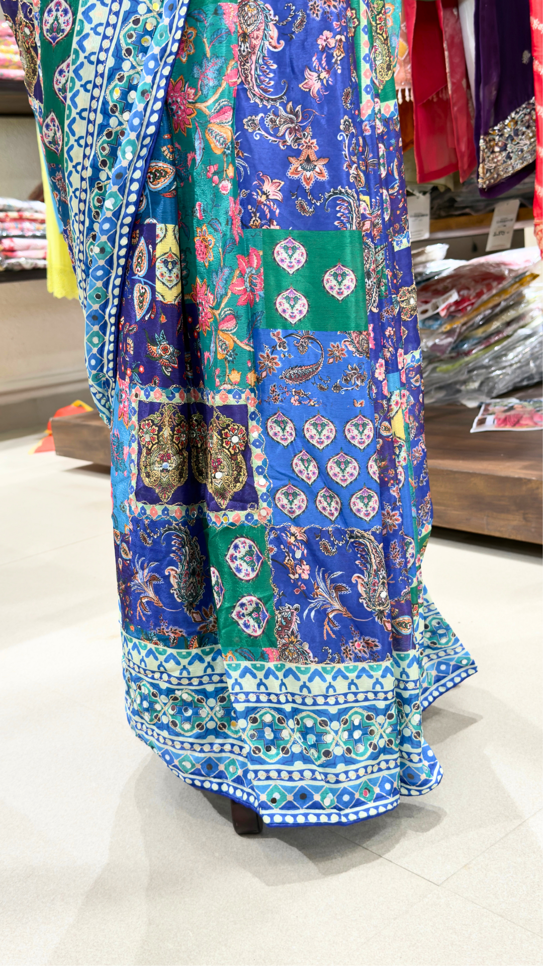 Banarashe Designer Royal Blue Printed Saree with Multicolour Floral & Paisley Motifs, Mirror Work & Printed Border