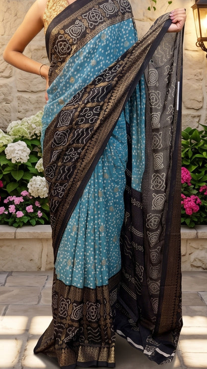 Banarashe Teal Blue Bandhani Saree with Black Printed Border
