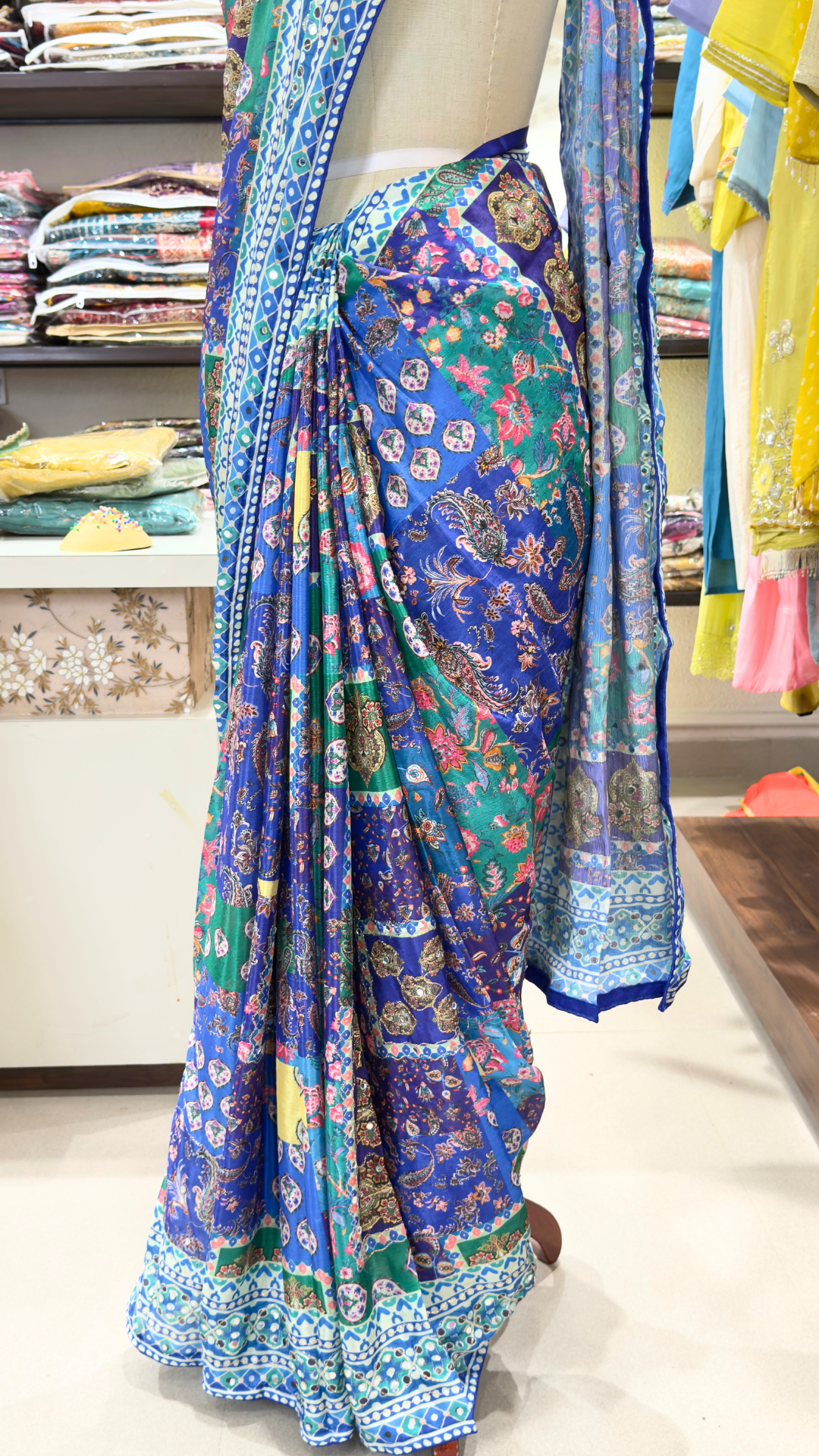 Banarashe Designer Royal Blue Printed Saree with Multicolour Floral & Paisley Motifs, Mirror Work & Printed Border