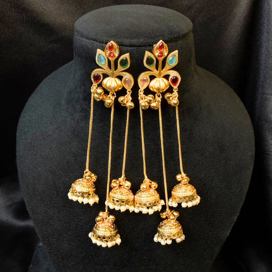 Traditional Kashmiri Jhumka Earrings Gold-Plated Long Dangler Earrings with Pearl Drops