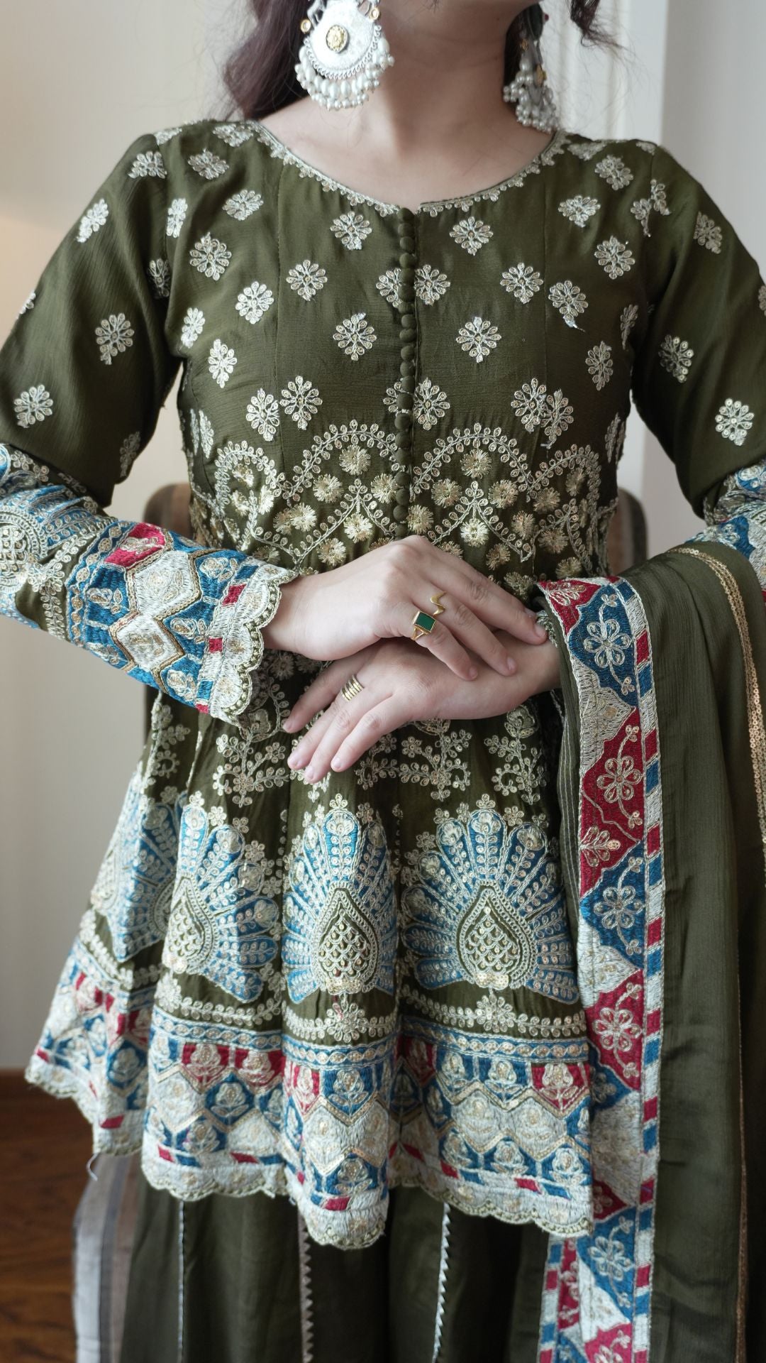Elegant Olive Green Chinon Embroidered Kurta Palazzo Set with Dupatta
