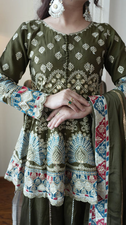 Elegant Olive Green Chinon Embroidered Kurta Palazzo Set with Dupatta