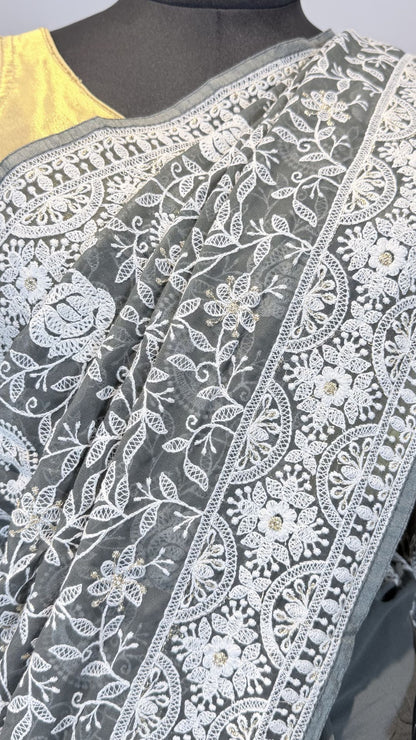 Grey Semi Chikankari Embroidered Saree for Women