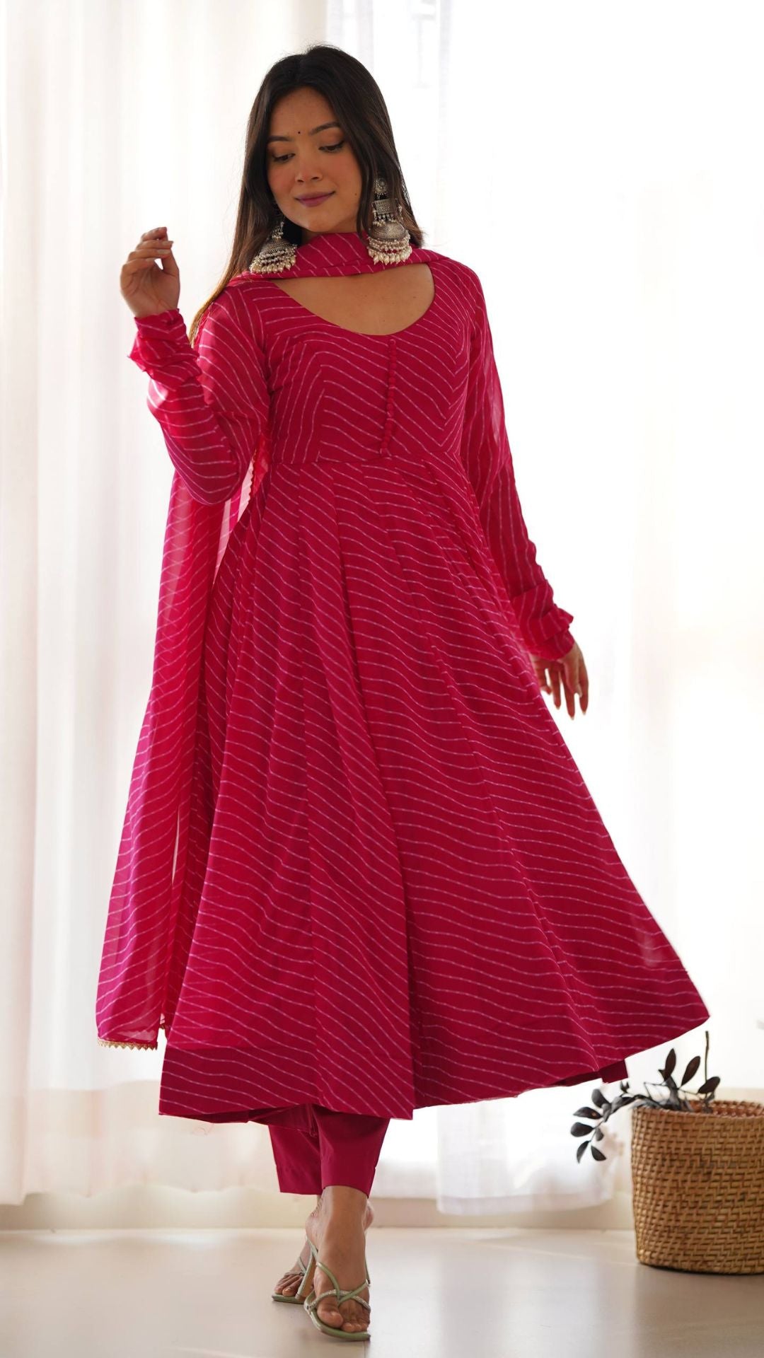 Rani Pink Laheriya Print Fox Georgette Anarkali Suit Set for Women