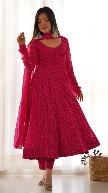 Rani Pink Laheriya Print Fox Georgette Anarkali Suit Set for Women
