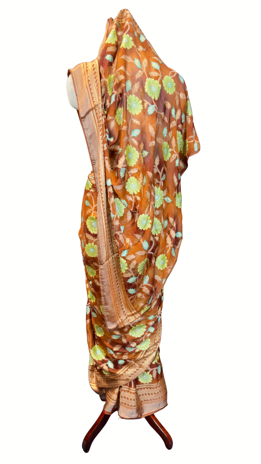 BanaraShe Rust Orange Floral Printed Saree with Multicolour Flowers & Designer Woven Border