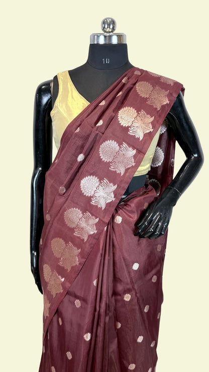 Wine Raw Mango Silk Saree with Floral Weaving