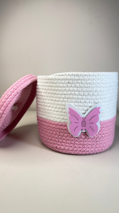 Cute Two-Tone Coiled Rope Nursery Basket with Decorative Pink Butterfly