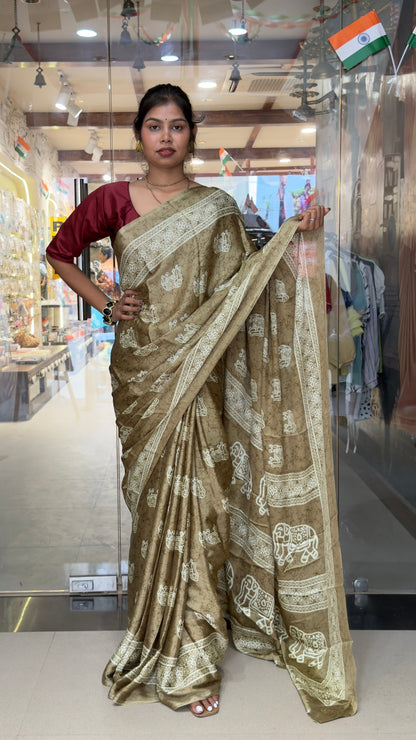 The Royal Olive Gold Saree – Traditional Elephant Motif Soft Silk