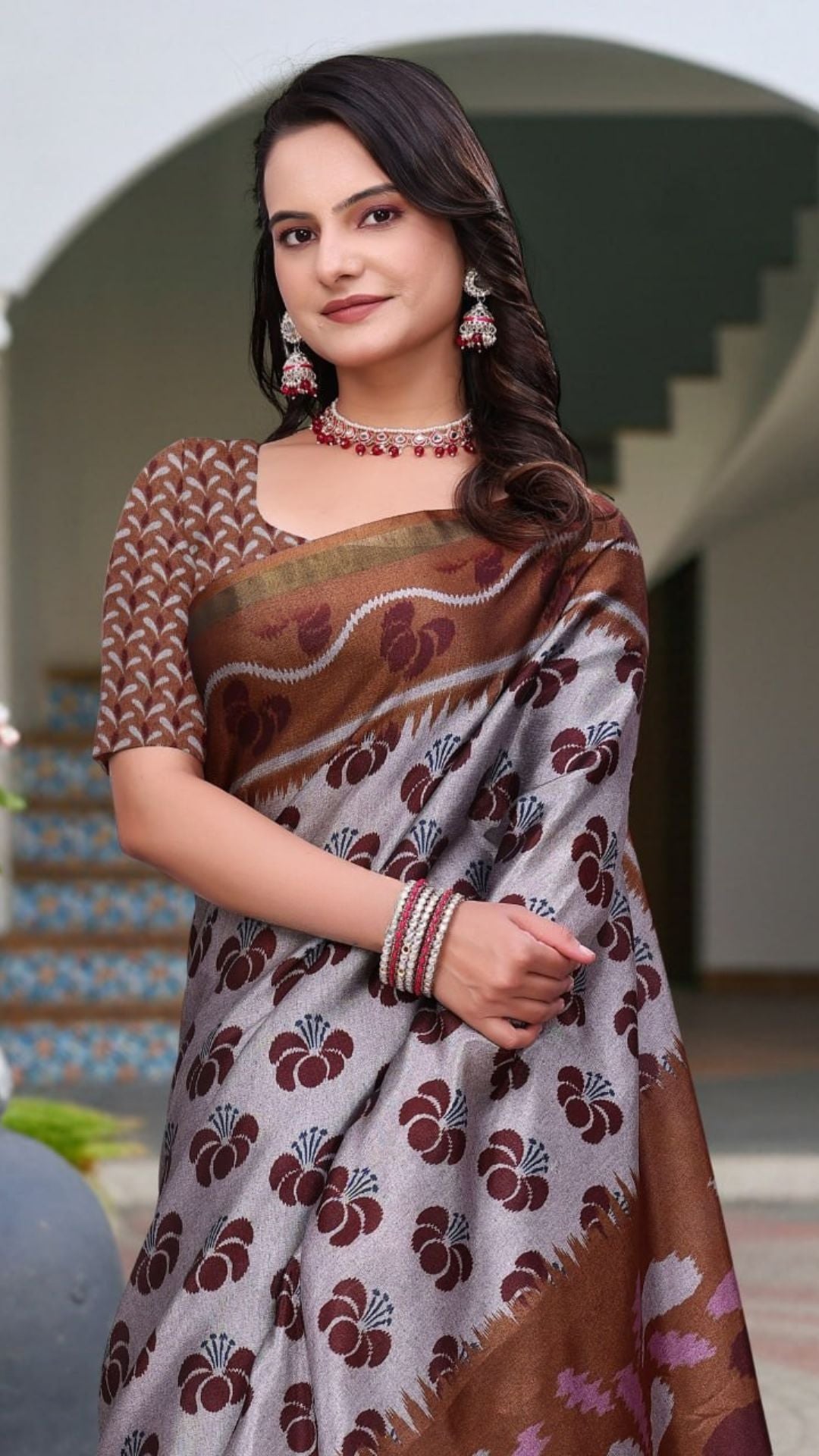 Elegant Grey & Brown Mal Cotton Saree with Woven Floral Design & Rich Pallu