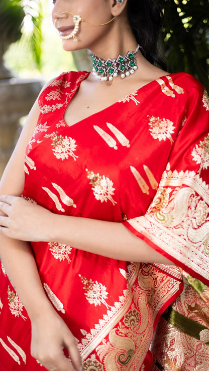 Bridal Blaze Red Banarasi Saree with Gold Woven Motifs