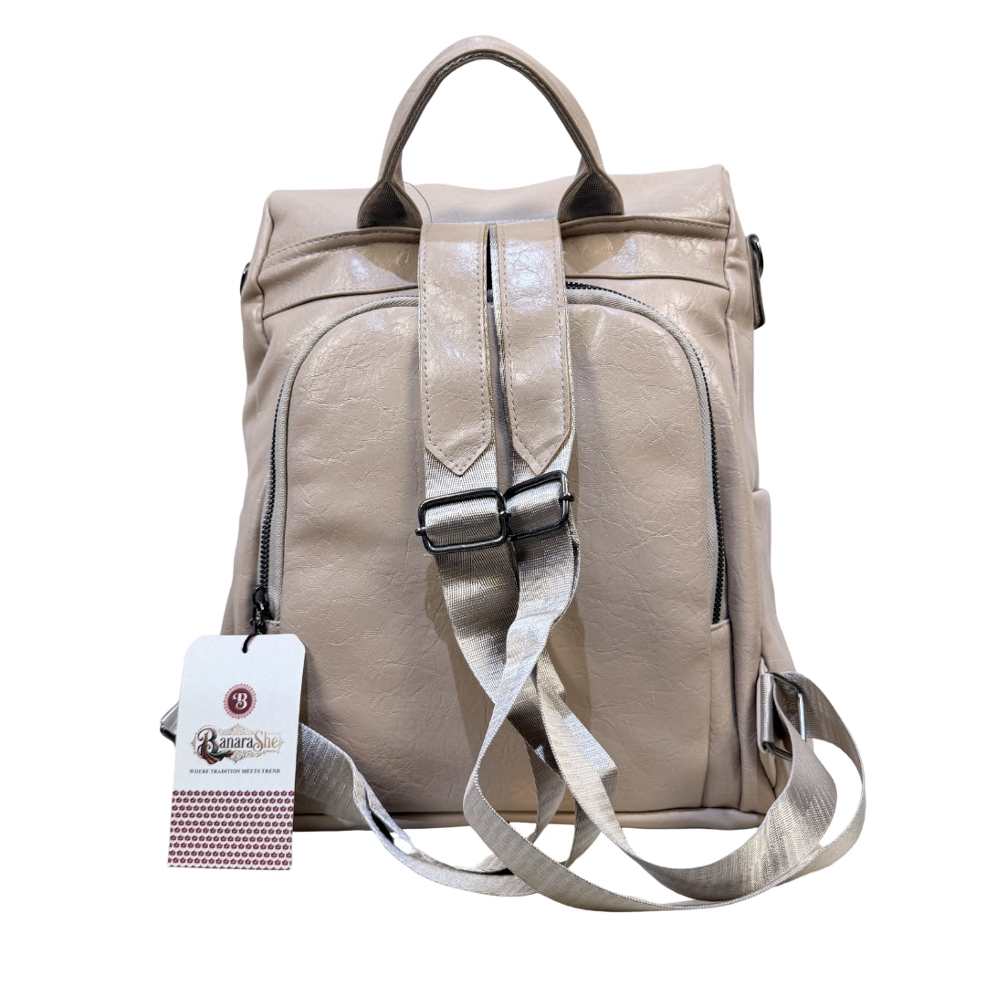 Elegant Beige Leatherette Backpack for Women – Baranashe