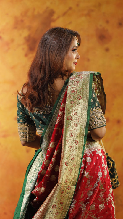 Red with Green Border Zari Work Handloom Katan Pure Silk Saree