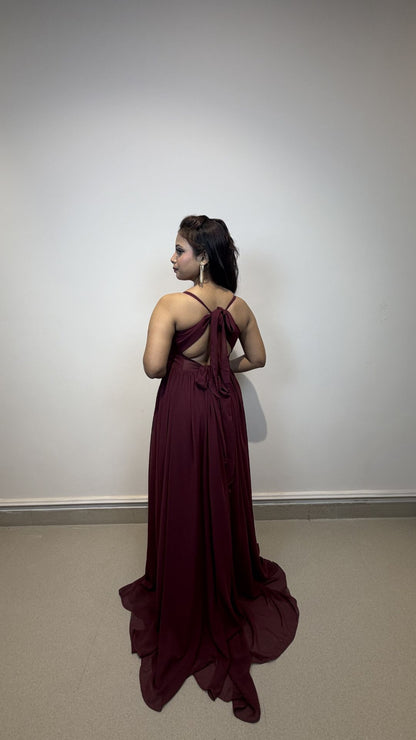 Wine Red Georgette Slit Party Wear Gown for Women