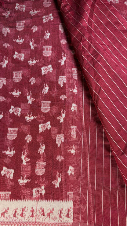 Banarashe Pure Cotton Banarasi Saree in Deep Red with Folk Motifs