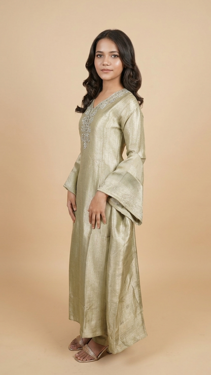 Premium Golden Olive Shimmer Embroidered Straight Kurta With Pant & Dupatta Set