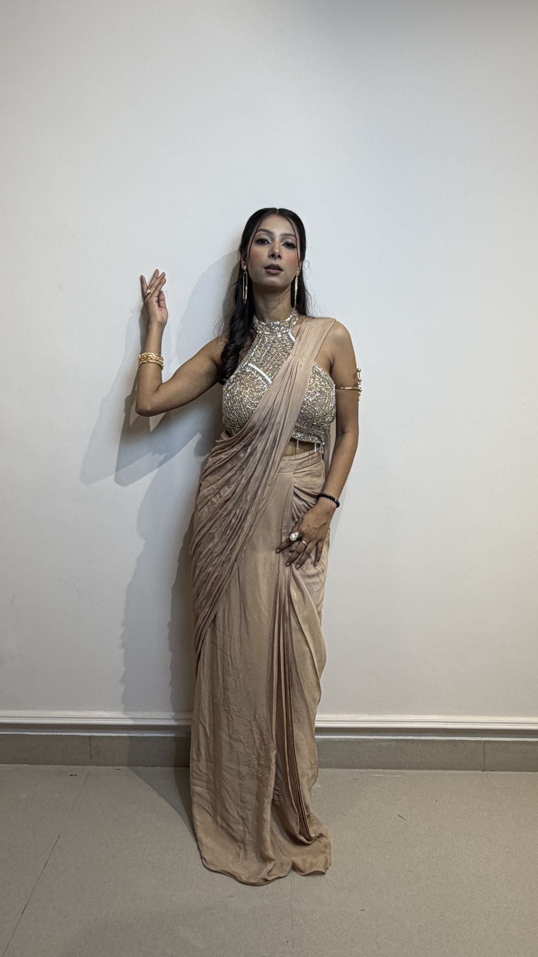 Champagne Gold Designer Draped Saree