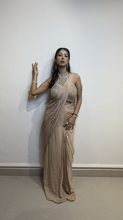 Champagne Gold Designer Draped Saree