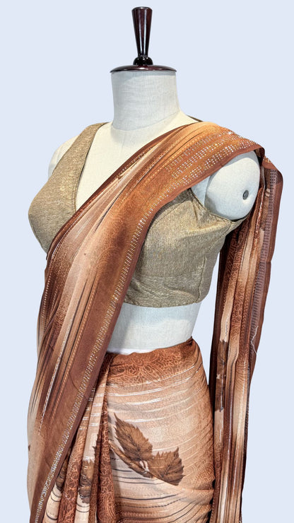 Rust Orange Printed Synthetic Saree with Leaf Print