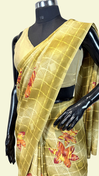 Mustard Yellow Geometric Floral Print Synthetic Saree