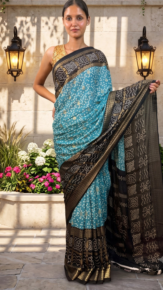 Banarashe Teal Blue Bandhani Saree with Black Printed Border