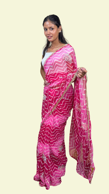 Hot Pink Printed Embellished Chiffon Saree