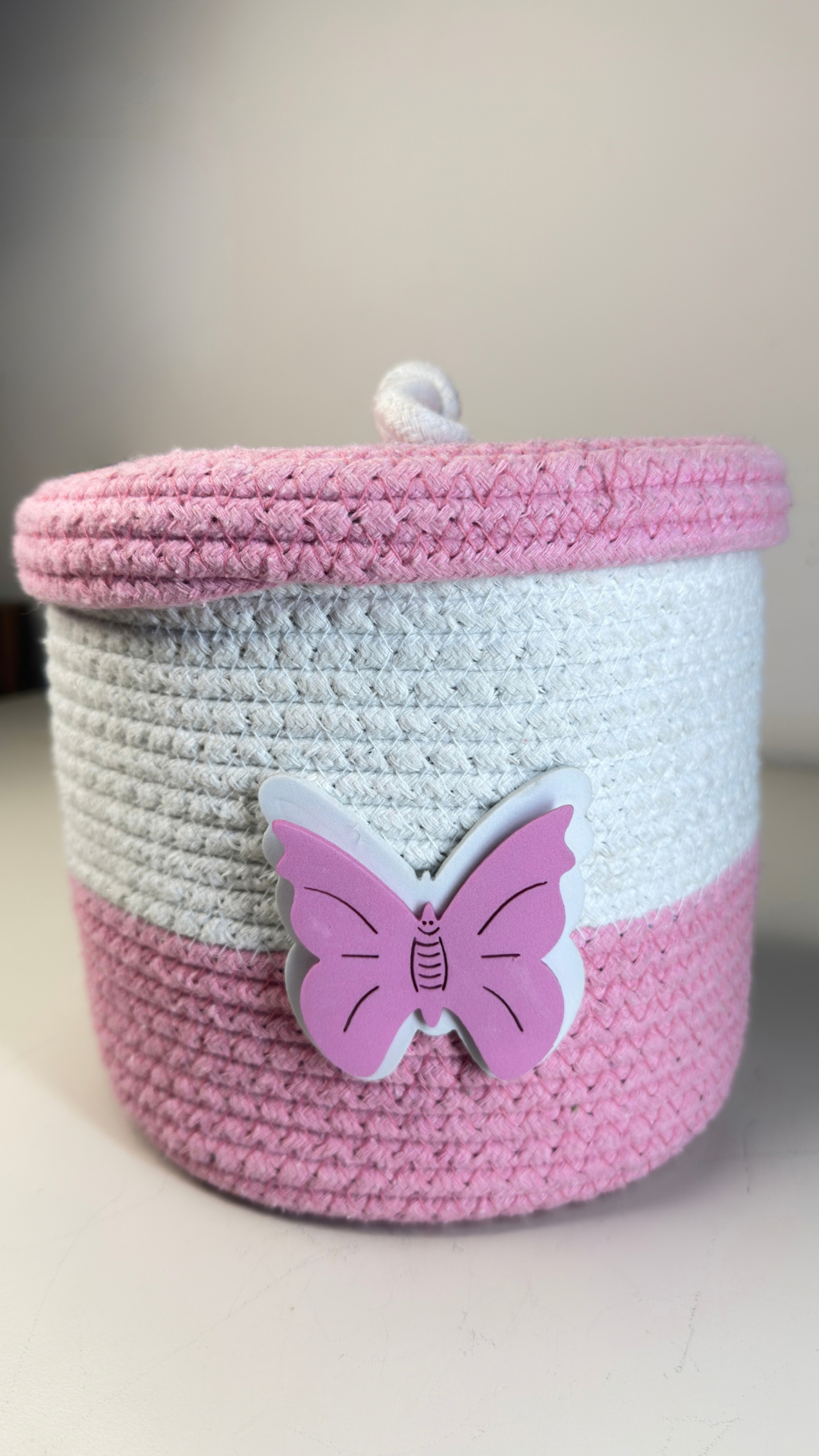 Cute Two-Tone Coiled Rope Nursery Basket with Decorative Pink Butterfly