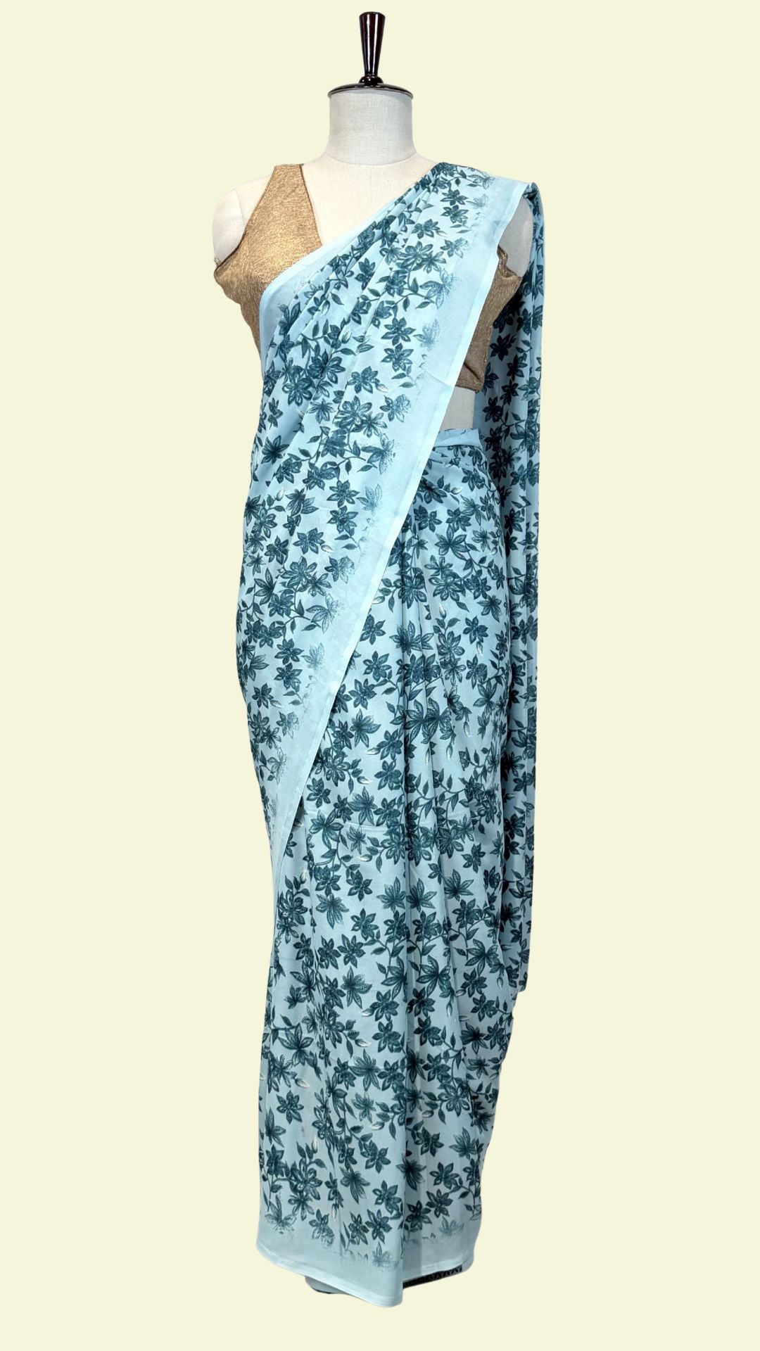 Elegant Blue Floral Print Saree | Lightweight Synthetic