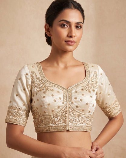 Banarashe Off-White Raw Silk Bridal Blouse with Floral Zari Borders