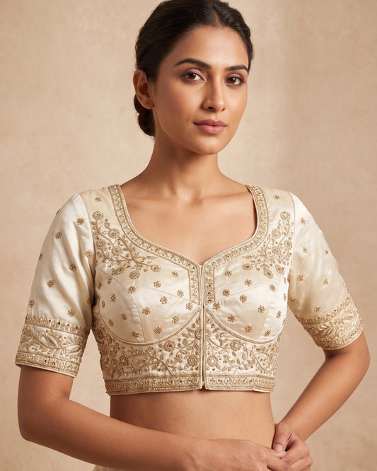 Banarashe Off-White Raw Silk Bridal Blouse with Floral Zari Borders