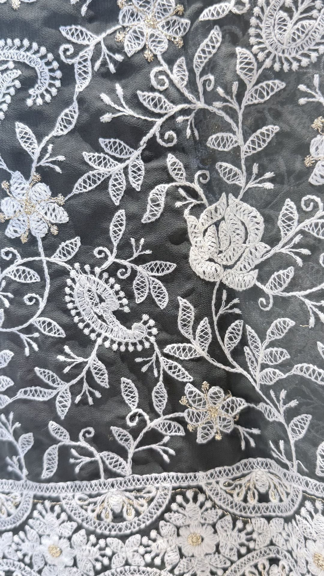 Grey Semi Chikankari Embroidered Saree for Women