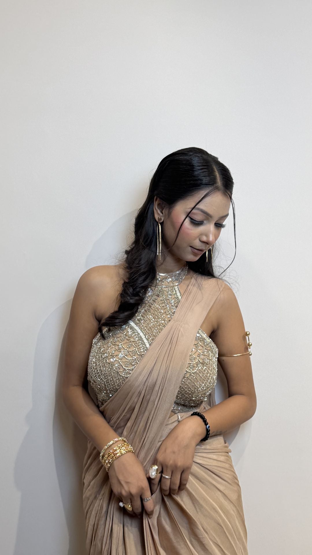 Champagne Gold Designer Draped Saree