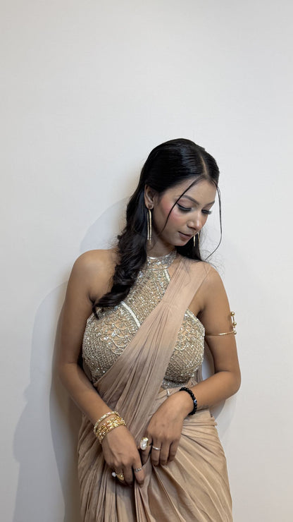 Champagne Gold Designer Draped Saree