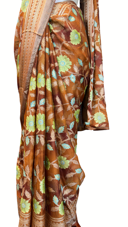 BanaraShe Rust Orange Floral Printed Saree with Multicolour Flowers & Designer Woven Border