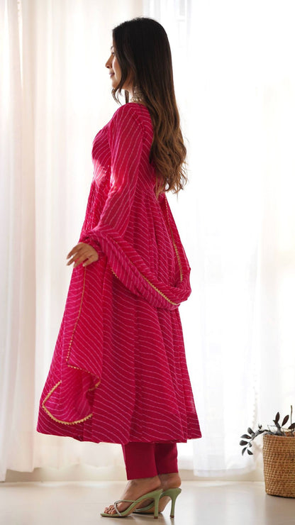 Rani Pink Laheriya Print Fox Georgette Anarkali Suit Set for Women