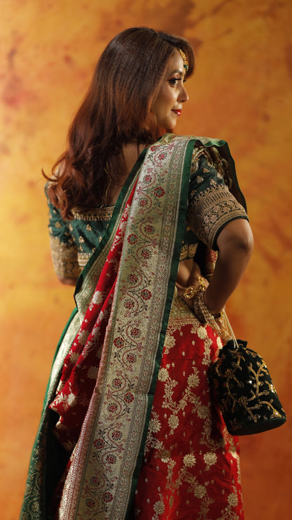 Red with Green Border Zari Work Handloom Katan Pure Silk Saree