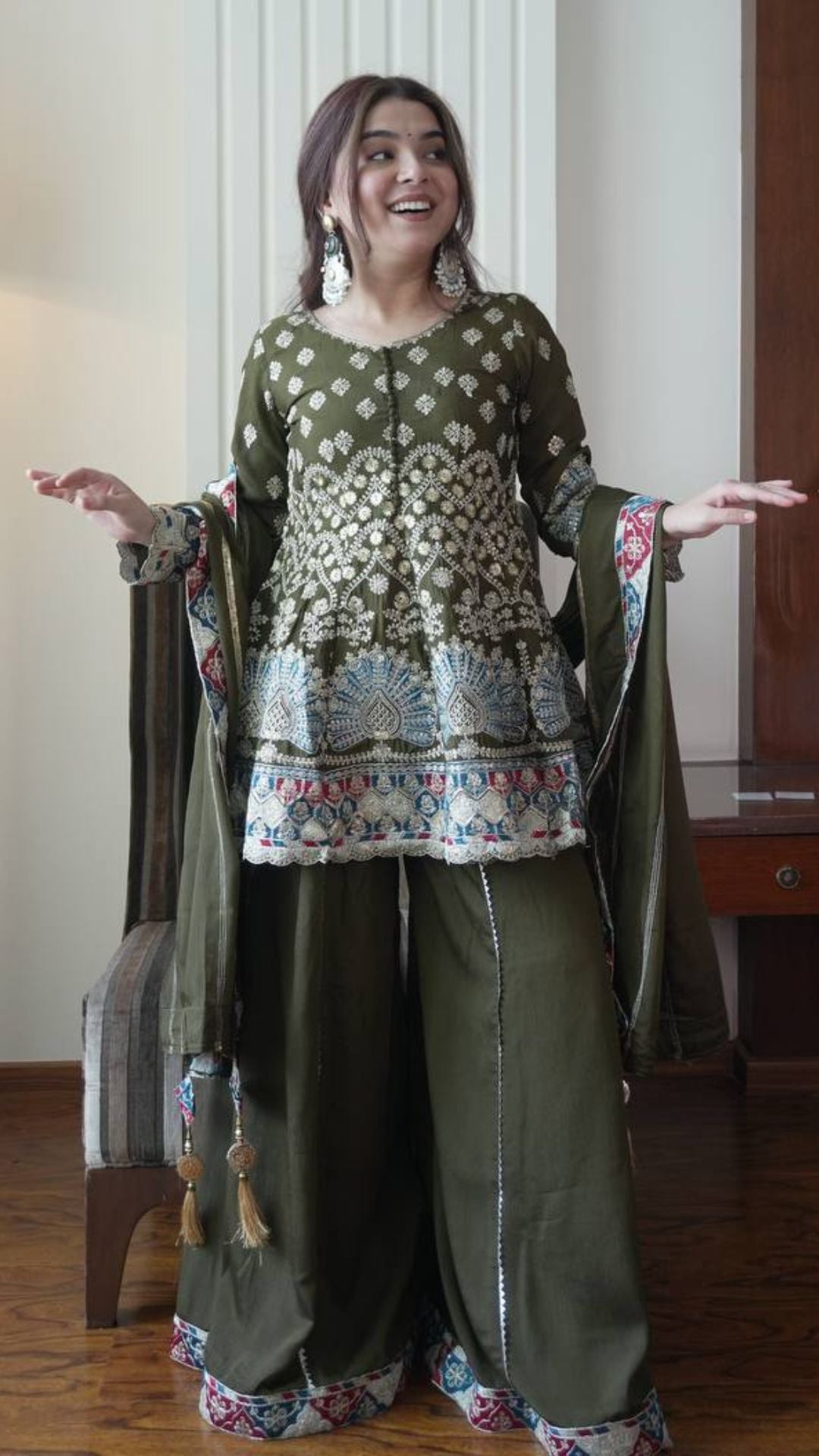 Elegant Olive Green Chinon Embroidered Kurta Palazzo Set with Dupatta