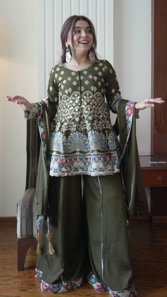 Elegant Olive Green Chinon Embroidered Kurta Palazzo Set with Dupatta