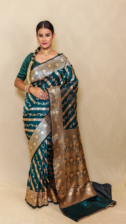 Exquisite Banarashe Katan Silk Saree in Peacock Teal with Intricate Zari Work