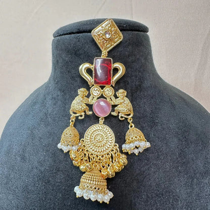 Banarashe Heritage Temple Earrings Red & Pink Gemstone - Baranashe - Banarashe Heritage Temple Earrings Red & Pink Gemstone