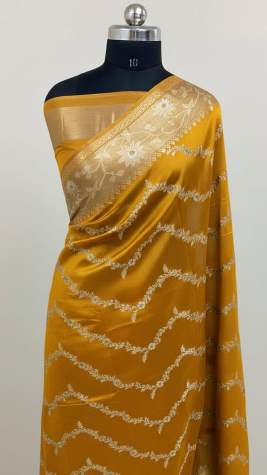 Mustard Yellow Banarasi Semi Chiffon Saree with Zari Laheriya Weaving & Meenakari Work