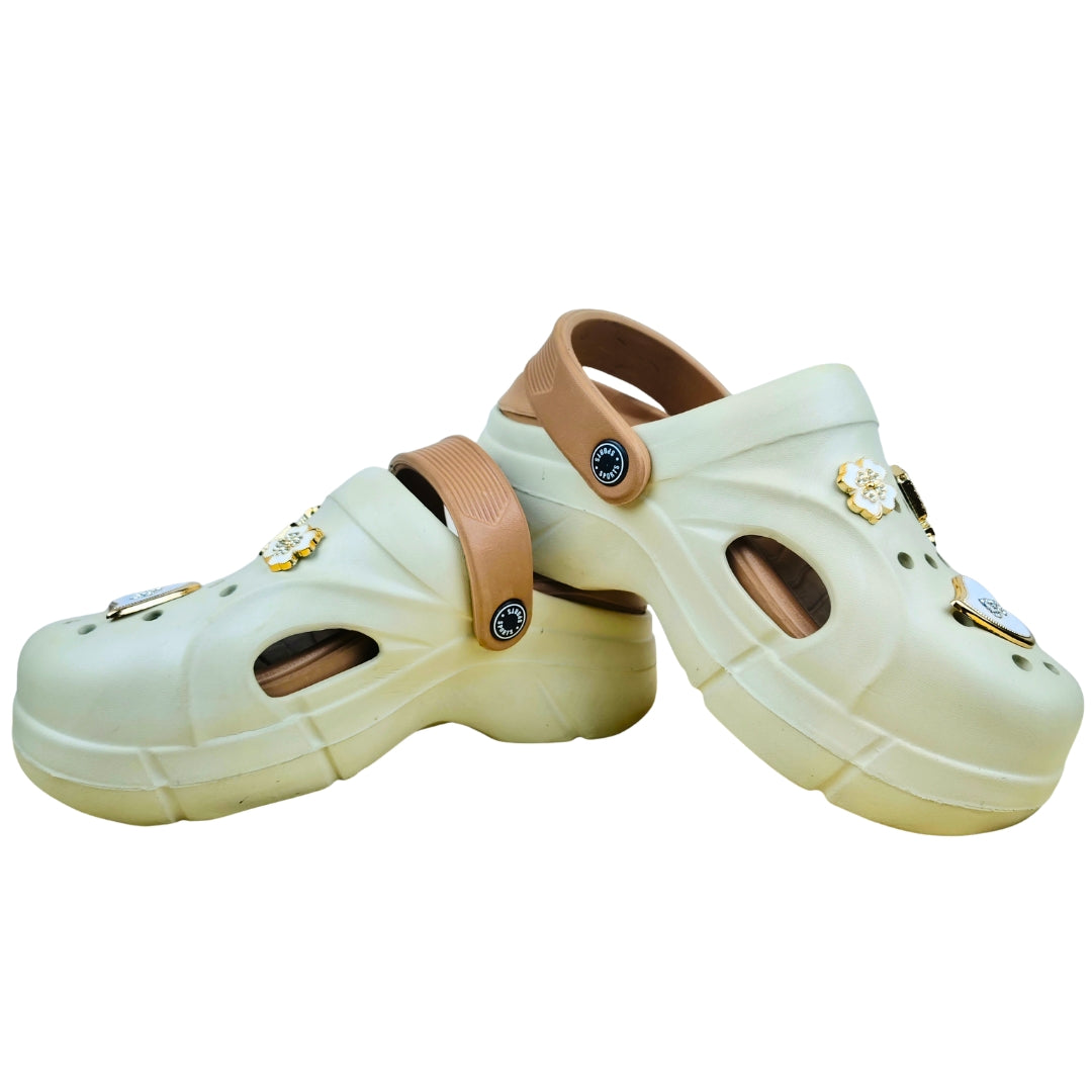 Women's Cream Chunky Platform Clogs with Decorative Charms