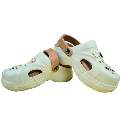 Women's Cream Chunky Platform Clogs with Decorative Charms