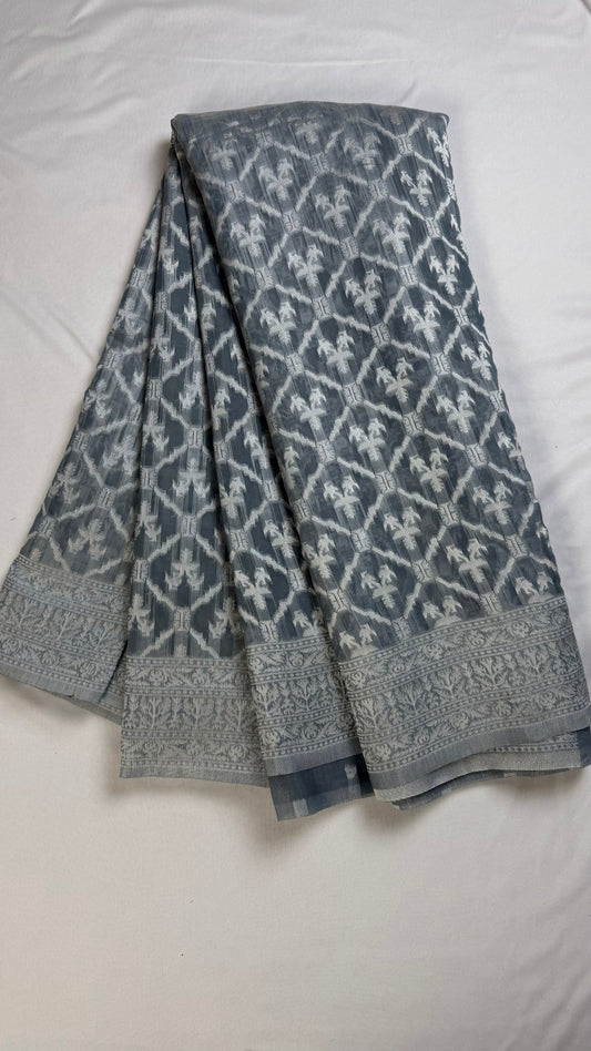 banarashe Grey & White Handloom Banarasi Cotton Saree with Tribal & Animal Motifs