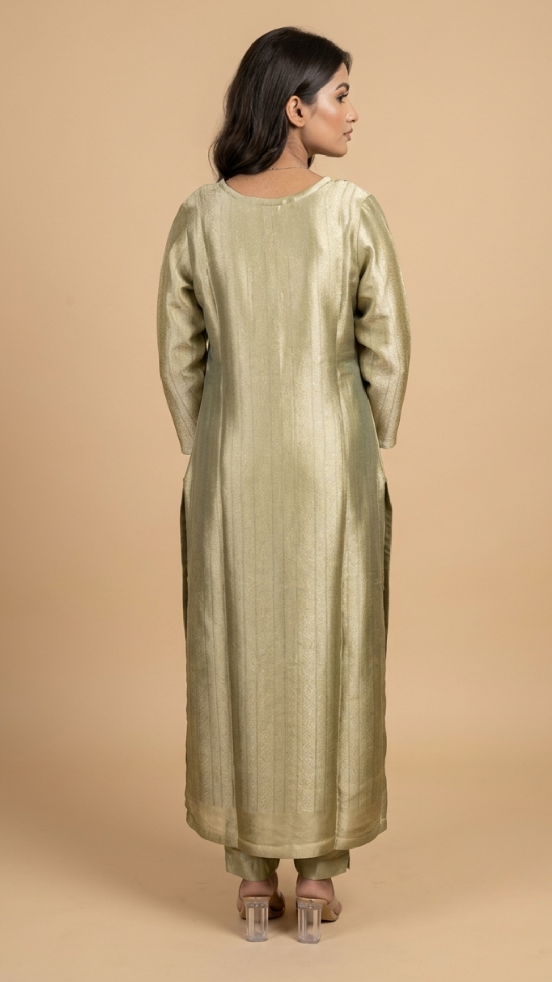 Premium Golden Olive Shimmer Embroidered Straight Kurta With Pant & Dupatta Set