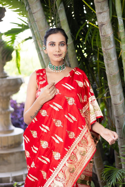Bridal Blaze Red Banarasi Saree with Gold Woven Motifs