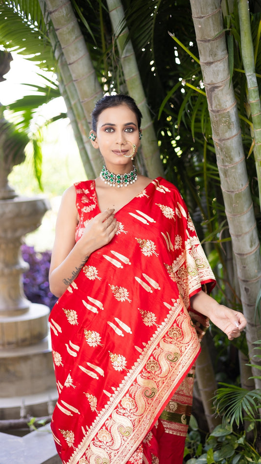 Bridal Blaze Red Banarasi Saree with Gold Woven Motifs