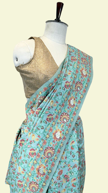 Mint Green Cotton Saree with Floral Meenakari Weaving