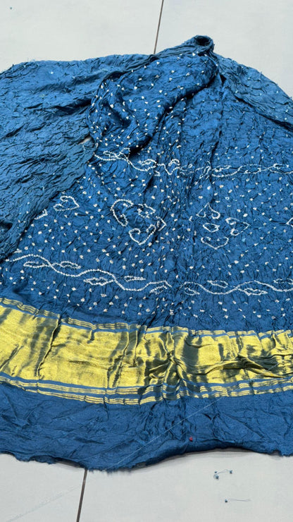 Royal Blue Pure Gaji Silk Hand Bandhani Saree with Lagadi Patta