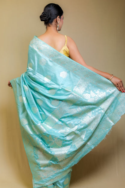Banarashe Sky Blue Designer Mercerised Banarasi Kataan Monica Silk
